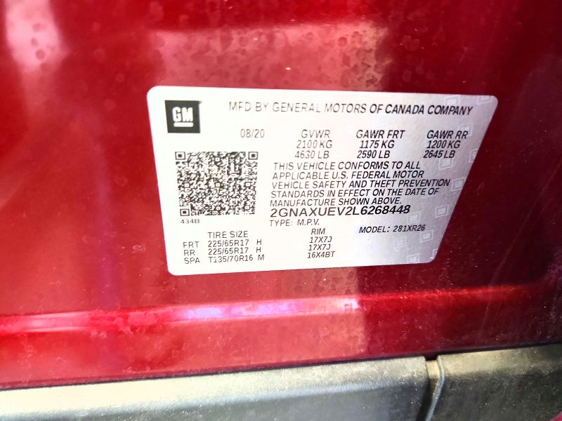 59863646 :رقم المزاد ، 2GNAXUEV2L6268448 vin ، 2020 Chevrolet Equinox مزاد بيع