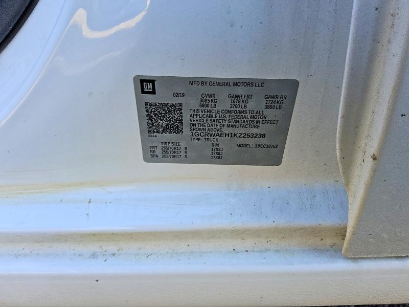 2019 Chevrolet Silverado მანქანა იყიდება აუქციონზე, vin: 1GCRWAEH1KZ253238, აუქციონის ნომერი: 62861246