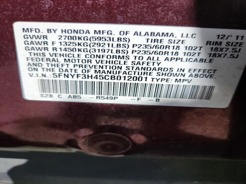 Auction sale of the 2012 Honda Pilot, vin: 5FNYF3H45CB012001, lot number: 61334436