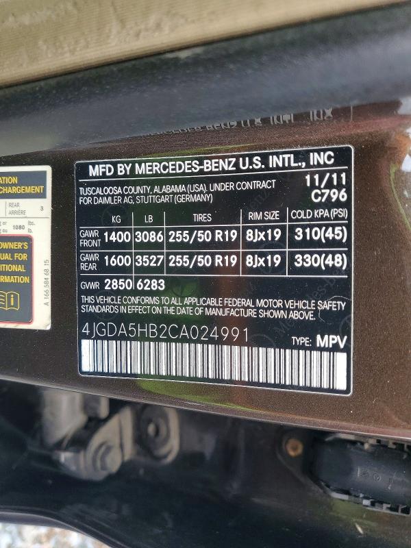 2012 Mercedes-benz Ml მანქანა იყიდება აუქციონზე, vin: 4JGDA5HB2CA024991, აუქციონის ნომერი: 62720286