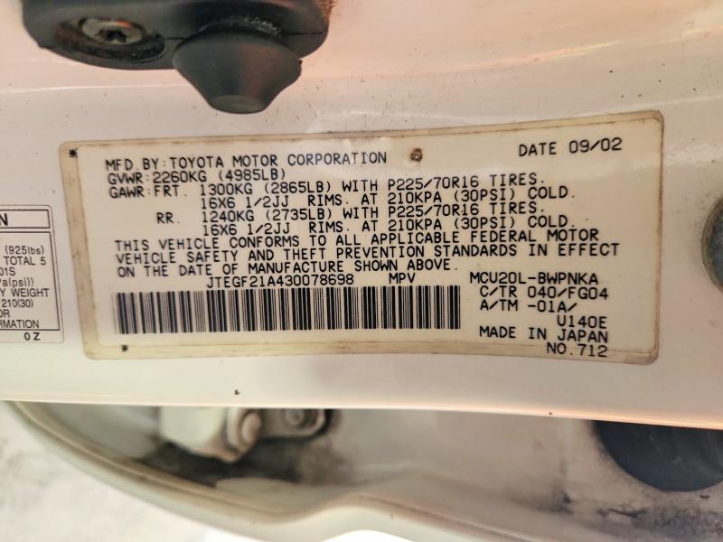 59244836 :رقم المزاد ، JTEGF21A430078698 vin ، 2003 Toyota Highlander مزاد بيع