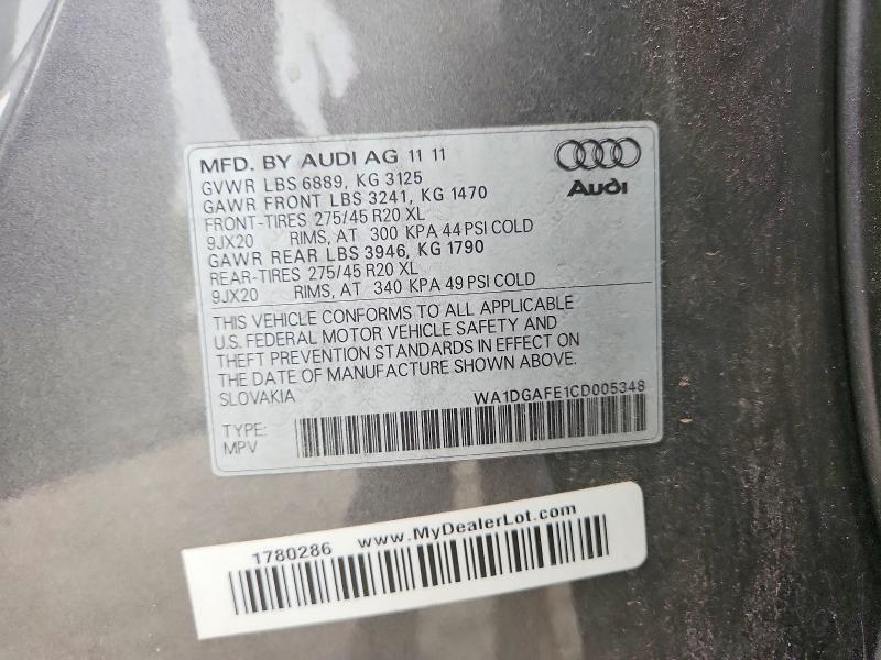 62127276 :رقم المزاد ، WA1DGAFE1CD005348 vin ، 2012 Audi Q7 مزاد بيع