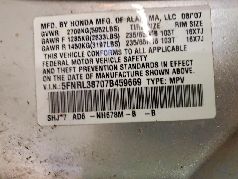 Продаж на аукціоні авто 2007 Honda Odyssey, vin: 5FNRL38707B459669, номер лоту: 59707306