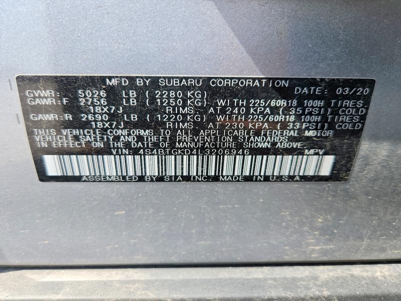 60200296 :رقم المزاد ، 4S4BTGKD4L3206946 vin ، 2020 Subaru Outback مزاد بيع