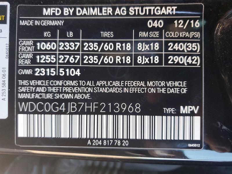2017 Mercedes-benz Glc მანქანა იყიდება აუქციონზე, vin: WDC0G4JB7HF213968, აუქციონის ნომერი: 61635166