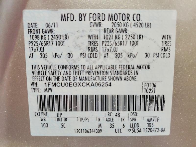 Aukcja sprzedaży 2012 Ford Escape, vin: 1FMCU0EGXCKA06254, numer aukcji: 61536376
