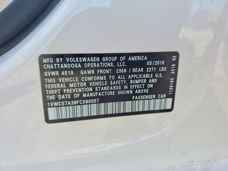 59689836 :رقم المزاد ، 1VWCS7A39FC080007 vin ، 2015 Volkswagen Passat مزاد بيع