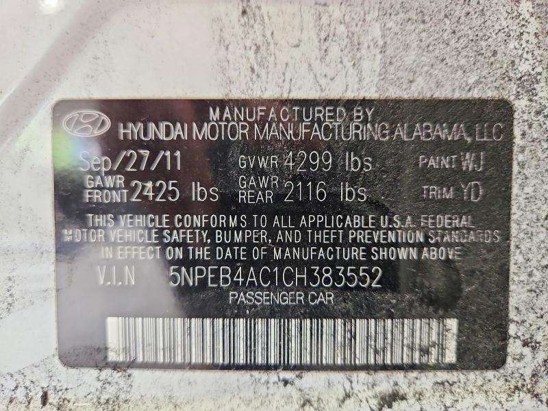 Aukcja sprzedaży 2012 Hyundai Sonata, vin: 5NPEB4AC1CH383552, numer aukcji: 63044376