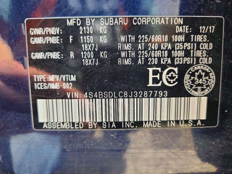 Auction sale of the 2018 Subaru Outback, vin: 4S4BSDLC8J3287793, lot number: 60879176