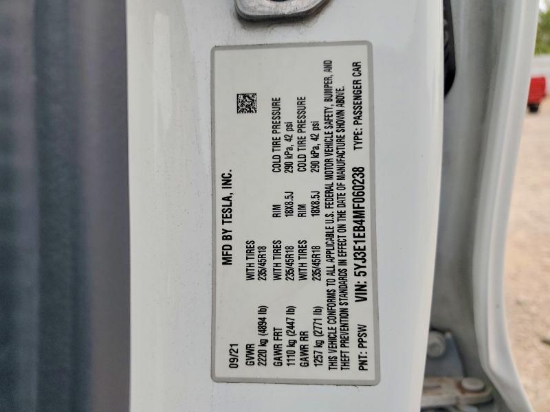 Продажа на аукционе авто 2021 Tesla Model 3, vin: 5YJ3E1EB4MF060238, номер лота: 62289186