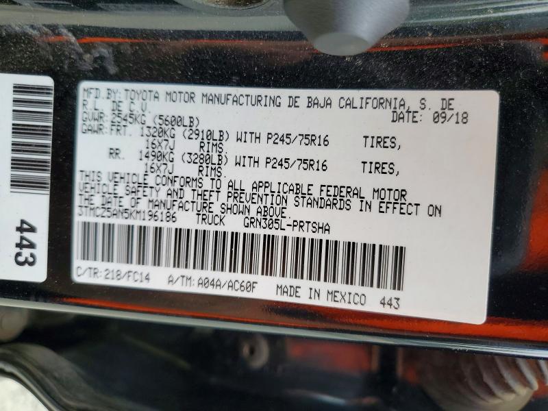 61625336 :رقم المزاد ، 3TMCZ5AN5KM196186 vin ، 2019 Toyota Tacoma مزاد بيع