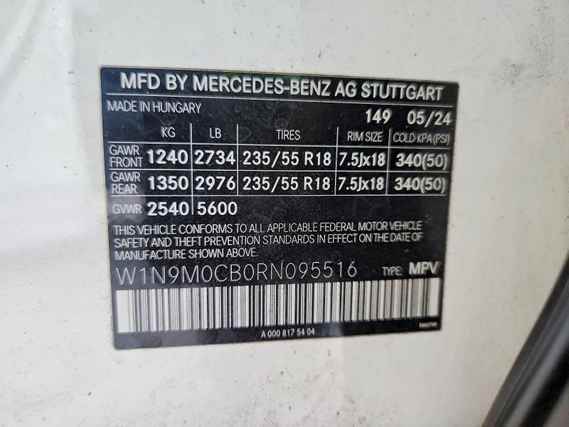 Aukcja sprzedaży 2024 Mercedes-benz Eqb, vin: W1N9M0CB0RN095516, numer aukcji: 60528216