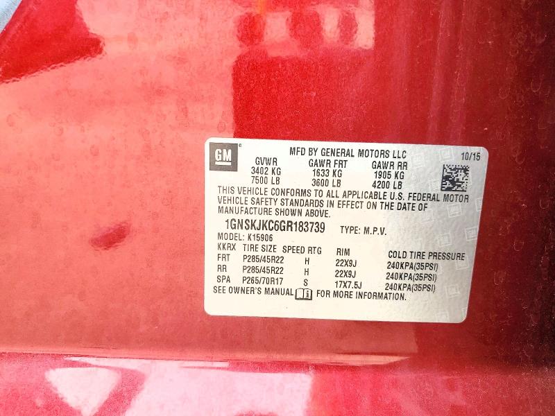 2016 Chevrolet Suburban მანქანა იყიდება აუქციონზე, vin: 1GNSKJKC6GR183739, აუქციონის ნომერი: 62508646