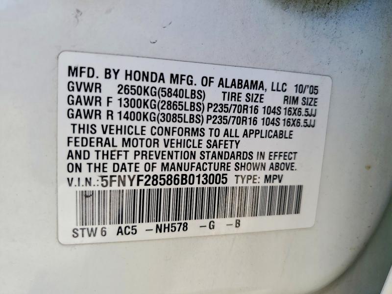 2006 Honda Pilot მანქანა იყიდება აუქციონზე, vin: 5FNYF28586B013005, აუქციონის ნომერი: 61901846