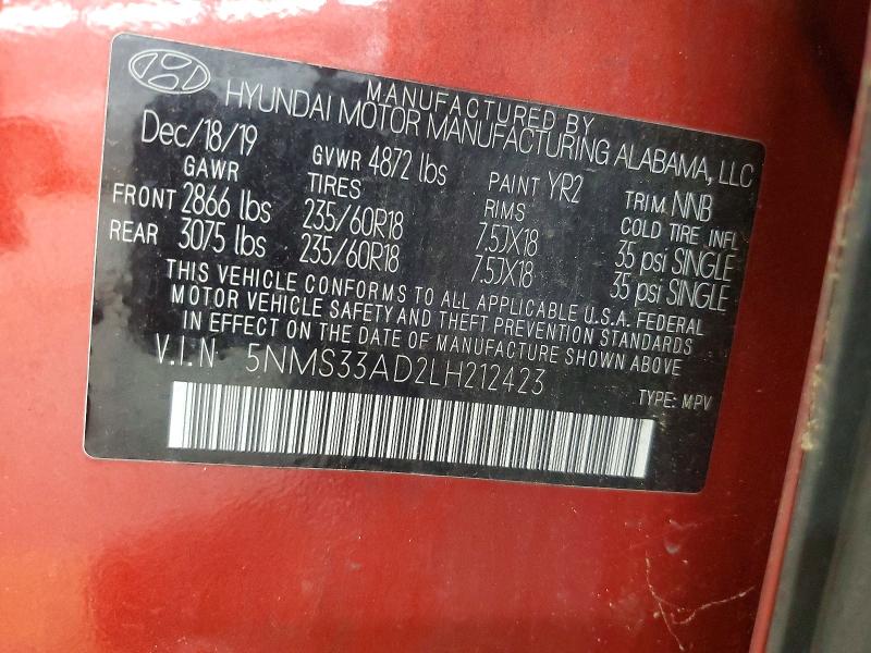 Aukcja sprzedaży 2020 Hyundai Santa Fe, vin: 5NMS33AD2LH212423, numer aukcji: 63278806