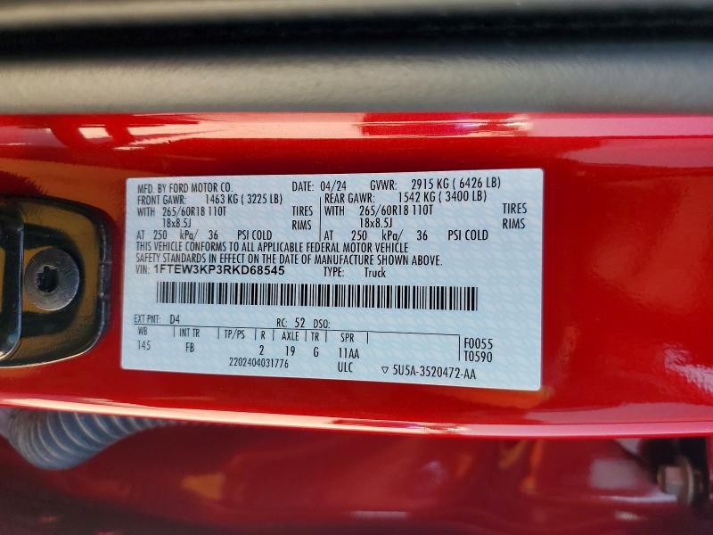 2024 Ford F150 მანქანა იყიდება აუქციონზე, vin: 1FTEW3KP3RKD68545, აუქციონის ნომერი: 61708626