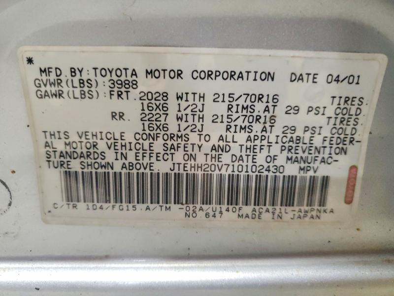 61702966 :رقم المزاد ، JTEHH20V710102430 vin ، 2001 Toyota Rav4 مزاد بيع