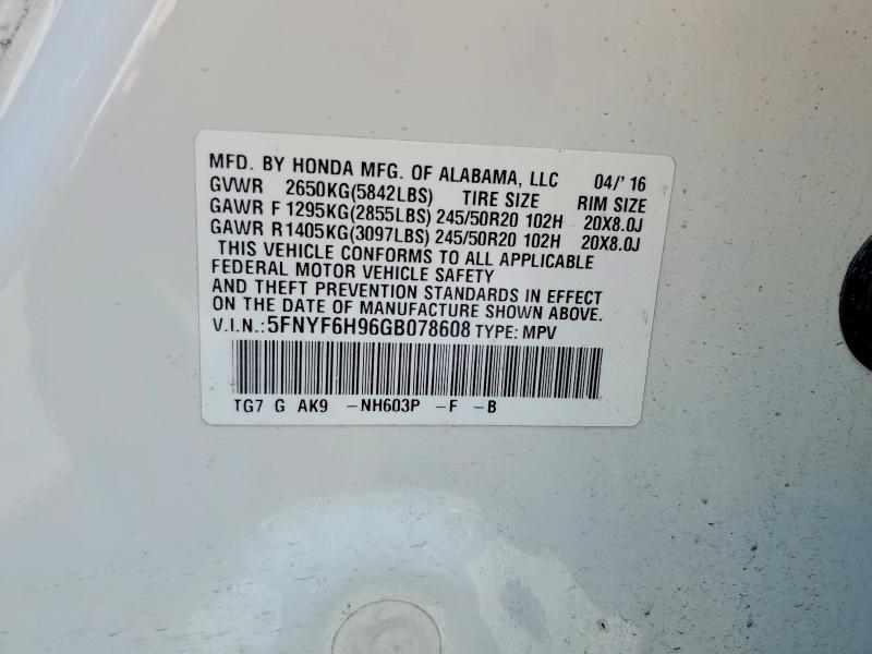 59339966 :رقم المزاد ، 5FNYF6H96GB078608 vin ، 2016 Honda Pilot مزاد بيع