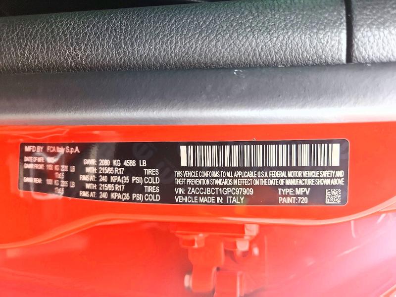 Aukcja sprzedaży 2016 Jeep Renegade, vin: ZACCJBCT1GPC97909, numer aukcji: 62488566