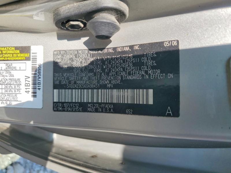 2006 Toyota Sienna მანქანა იყიდება აუქციონზე, vin: 5TDZA23C56S498451, აუქციონის ნომერი: 62250156
