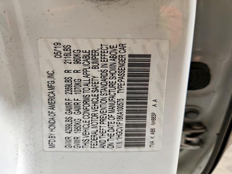 63027386 :رقم المزاد ، 1HGCV1F18KA100575 vin ، 2019 Honda Accord مزاد بيع