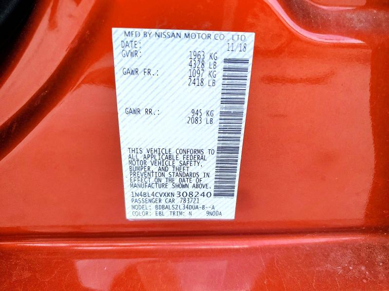 Продаж на аукціоні авто 2019 Nissan Altima, vin: 1N4BL4CVXKN308240, номер лоту: 61700746