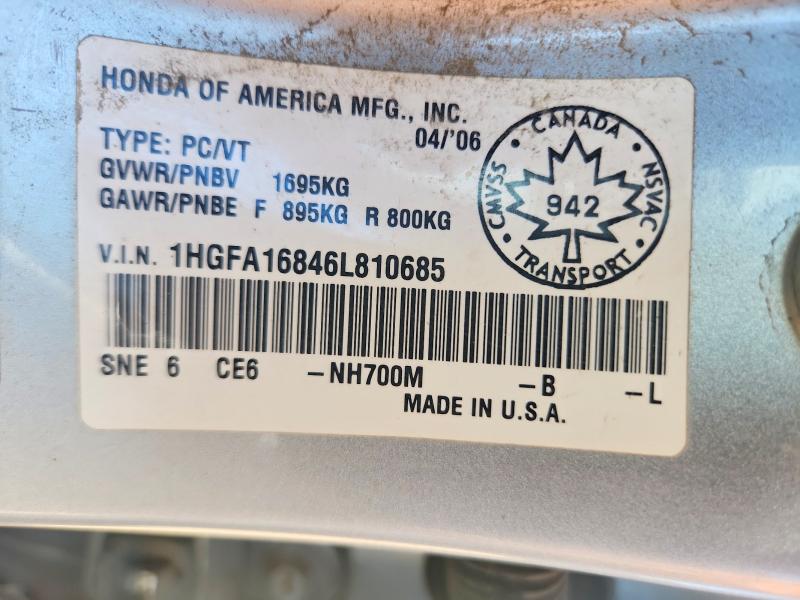 Продажа на аукционе авто 2006 Honda Civic, vin: 1HGFA16846L810685, номер лота: 61547286