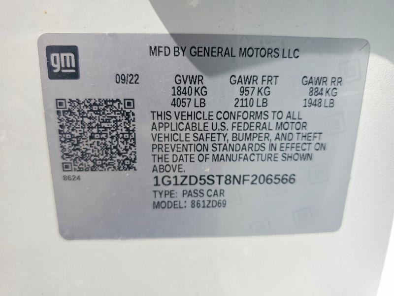 2022 Chevrolet Malibu მანქანა იყიდება აუქციონზე, vin: 1G1ZD5ST8NF206566, აუქციონის ნომერი: 58681136