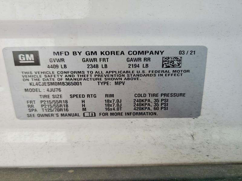 Aukcja sprzedaży 2021 Buick Encore, vin: KL4CJESM0MB365001, numer aukcji: 59538726