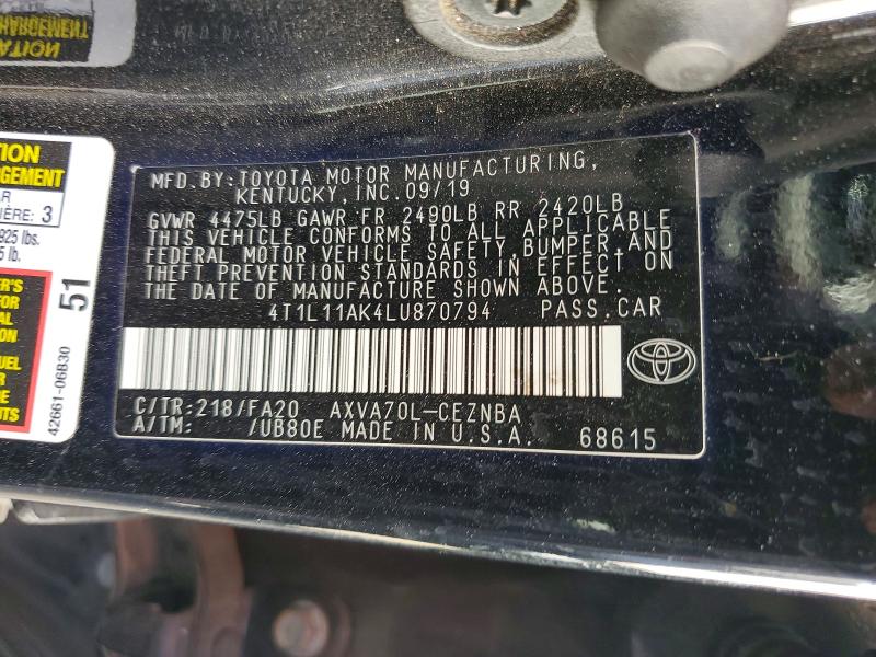 85968135 :رقم المزاد ، 4T1L11AK4LU870794 vin ، 2020 Toyota Camry مزاد بيع