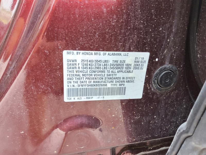 Продаж на аукціоні авто 2019 Honda Pilot, vin: 5FNYF5H60KB026898, номер лоту: 61062446
