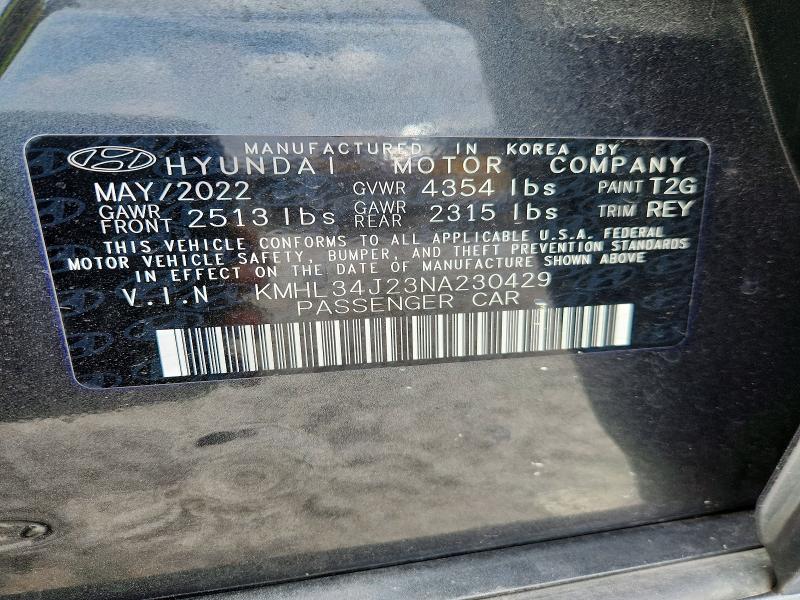 2022 Hyundai Sonata მანქანა იყიდება აუქციონზე, vin: KMHL34J23NA230429, აუქციონის ნომერი: 60173316