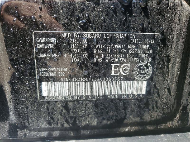 61556216 :رقم المزاد ، 4S4BSDGC6K3363667 vin ، 2019 Subaru Outback مزاد بيع