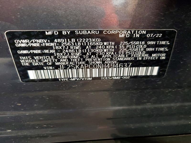Aukcja sprzedaży 2022 Subaru Forester, vin: JF2SKAPC0NH494637, numer aukcji: 60967926