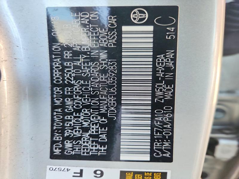 Aukcja sprzedaży 2018 Toyota Prius, vin: JTDKBRFU6J3592831, numer aukcji: 63072906