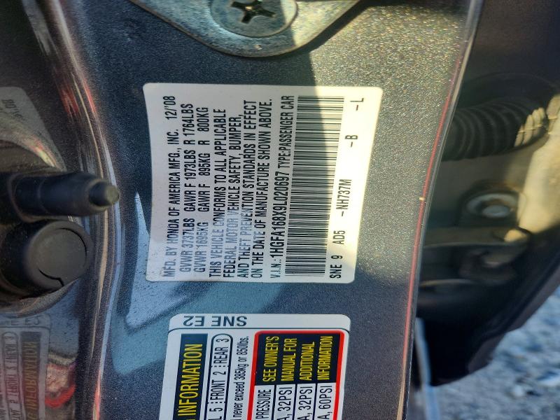 61590776 :رقم المزاد ، 1HGFA168X9L020697 vin ، 2009 Honda Civic مزاد بيع