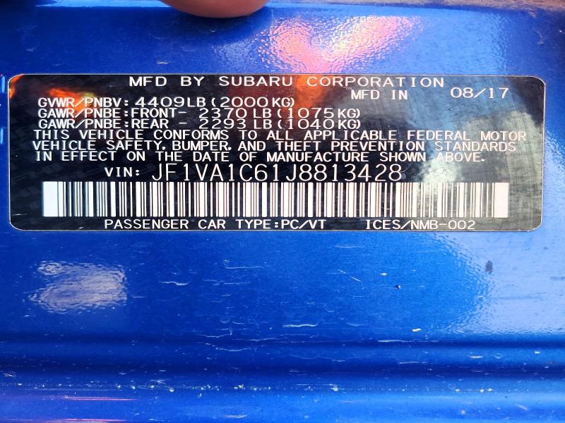 2018 Subaru Wrx მანქანა იყიდება აუქციონზე, vin: JF1VA1C61J8813428, აუქციონის ნომერი: 60406686