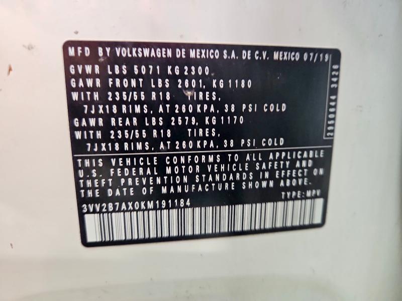 2019 Volkswagen Tiguan მანქანა იყიდება აუქციონზე, vin: 3VV2B7AX0KM191184, აუქციონის ნომერი: 62026816