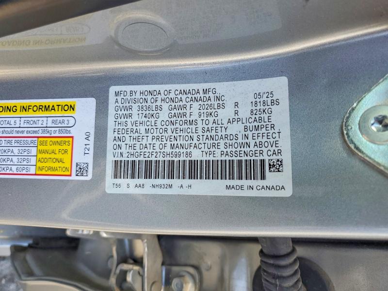 61588686 :رقم المزاد ، 2HGFE2F27SH599186 vin ، 2025 Honda Civic مزاد بيع
