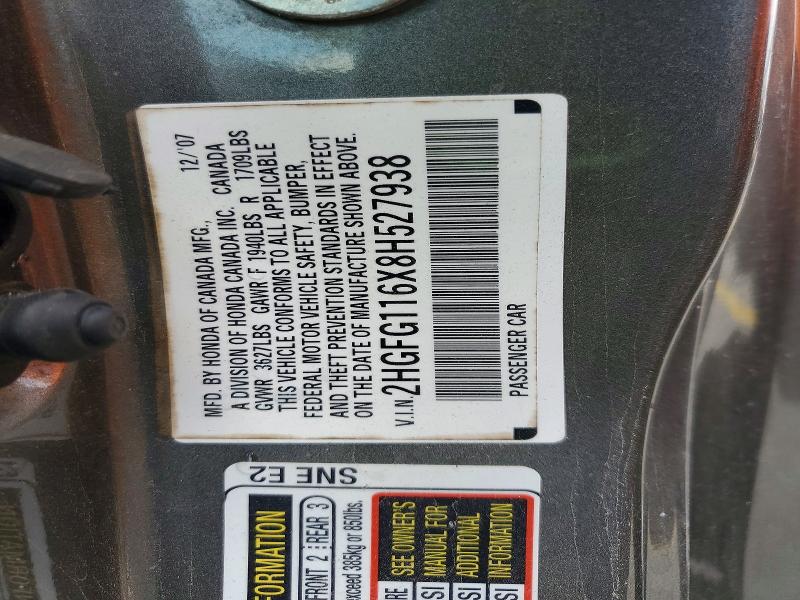 Aukcja sprzedaży 2008 Honda Civic, vin: 2HGFG116X8H527938, numer aukcji: 59864556