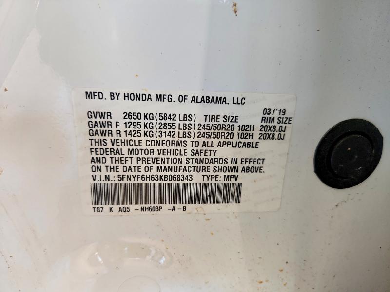 59248126 :رقم المزاد ، 5FNYF6H63KB068343 vin ، 2019 Honda Pilot مزاد بيع
