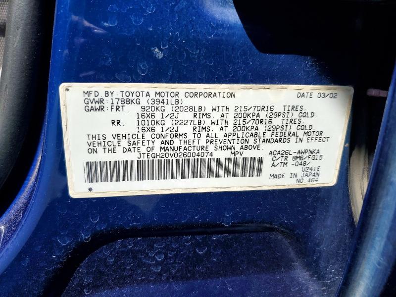 Aukcja sprzedaży 2002 Toyota Rav4, vin: JTEGH20V026004074, numer aukcji: 61159716
