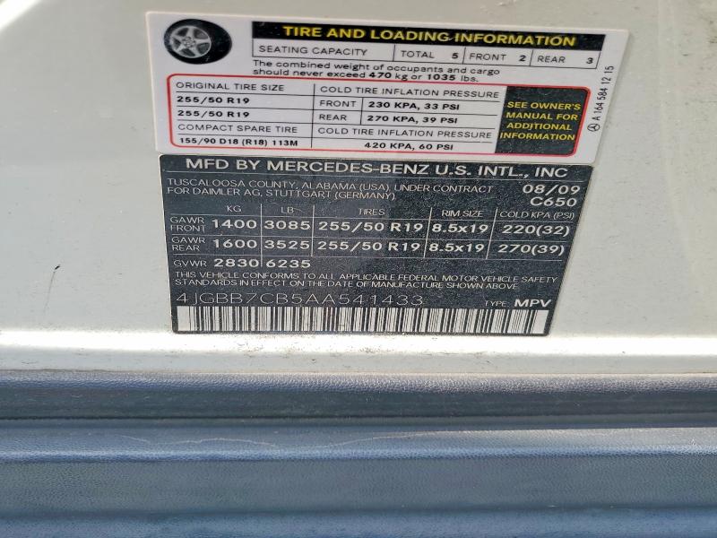 59567306 :رقم المزاد ، 4JGBB7CB5AA541433 vin ، 2010 Mercedes-benz Ml مزاد بيع