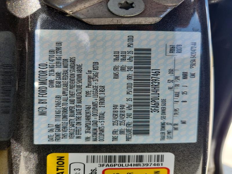 60021216 :رقم المزاد ، 3FA6P0LU4HR397461 vin ، 2017 Ford Fusion مزاد بيع