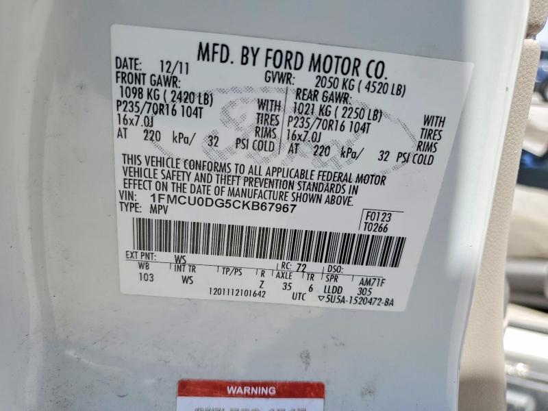 60148936 :رقم المزاد ، 1FMCU0DG5CKB67967 vin ، 2012 Ford Escape مزاد بيع
