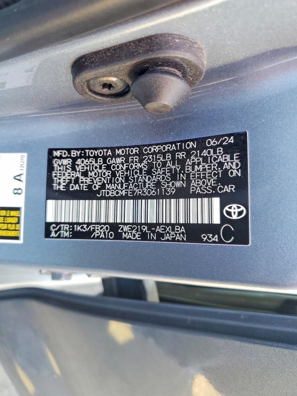 Aukcja sprzedaży 2024 Toyota Corolla Hybrid, vin: JTDBCMFE7R3061139, numer aukcji: 59747076