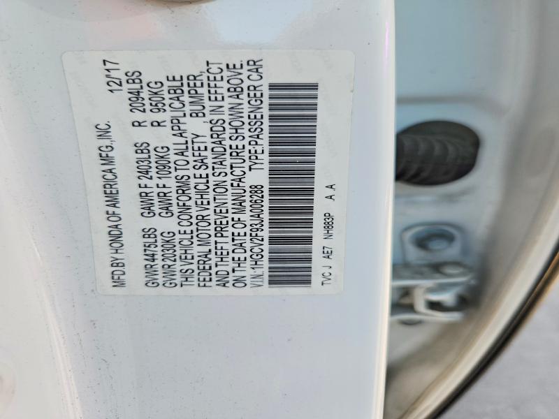 2018 Honda Accord მანქანა იყიდება აუქციონზე, vin: 1HGCV2F93JA006288, აუქციონის ნომერი: 63282506