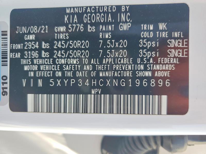 2022 Kia Telluride მანქანა იყიდება აუქციონზე, vin: 5XYP34HCXNG196896, აუქციონის ნომერი: 62880356