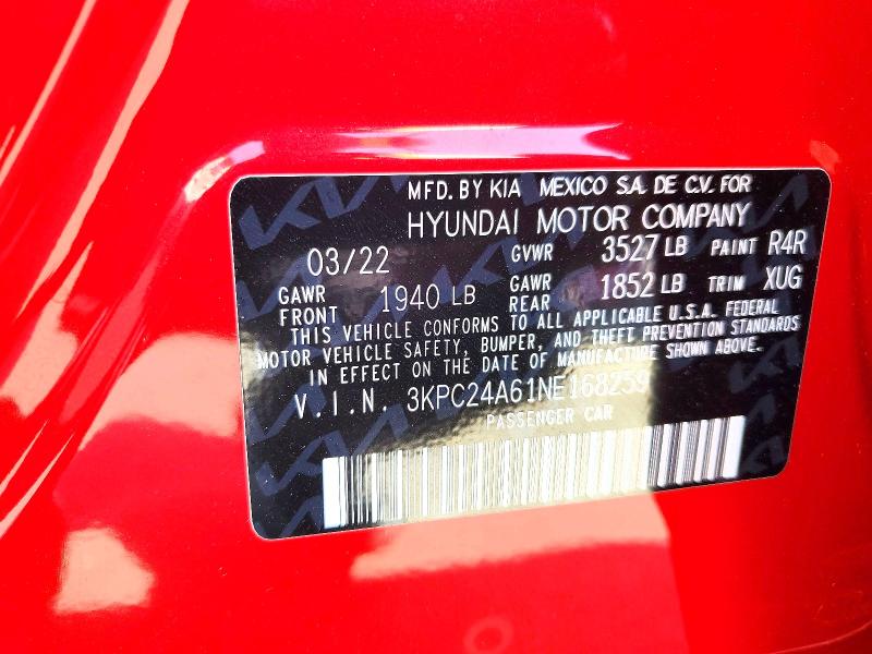 2022 Hyundai Accent მანქანა იყიდება აუქციონზე, vin: 3KPC24A61NE168259, აუქციონის ნომერი: 62336216