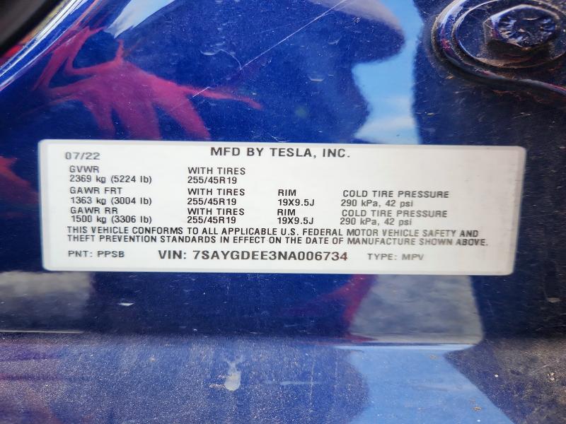 Продажа на аукционе авто 2022 Tesla Model Y, vin: 7SAYGDEE3NA006734, номер лота: 60885896
